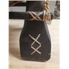 Image 6 : Vintage Middle Eastern or African camel saddle stool, featuring a dark brown leather seat and a carv