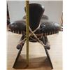 Image 7 : Vintage Middle Eastern or African camel saddle stool, featuring a dark brown leather seat and a carv