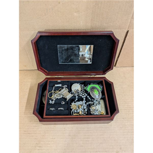 Wood Jewelry Box w/ Rings, Necklaces, Buckles, and etc.