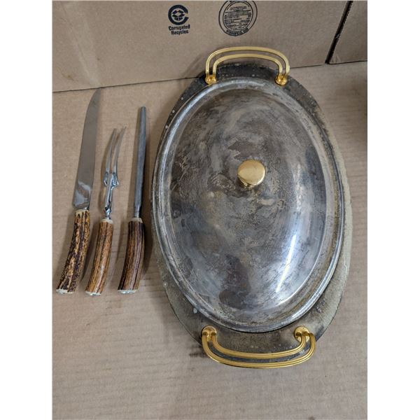 Unverified E.P. Brass Copper Plated Tray and Made in England Knife Roast Set