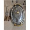 Image 1 : Unverified E.P. Brass Copper Plated Tray and Made in England Knife Roast Set
