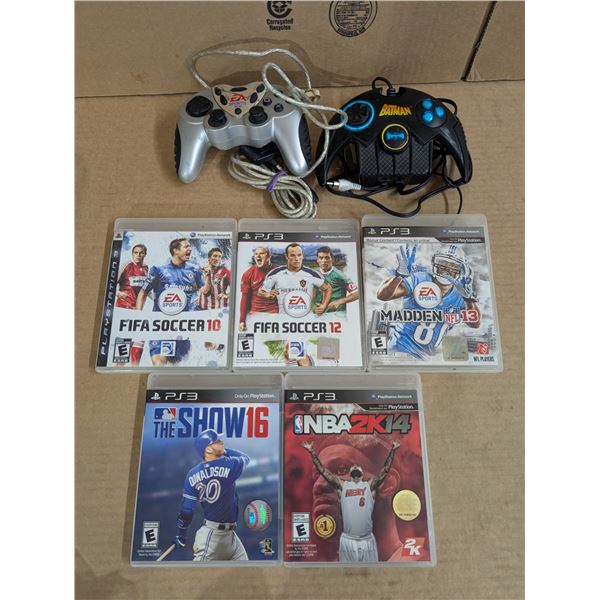 (5) PS3 Sports Games (NHL, NFL, FIFA) and EA PS3 Controller, and Plug and Play Batman Controller