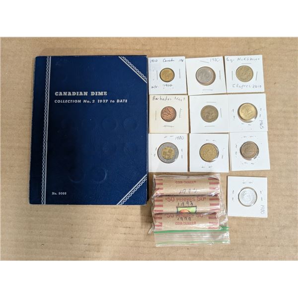 3 Rolls of Pennies 1990s, Foreign Coins, And Canadian Dime Book