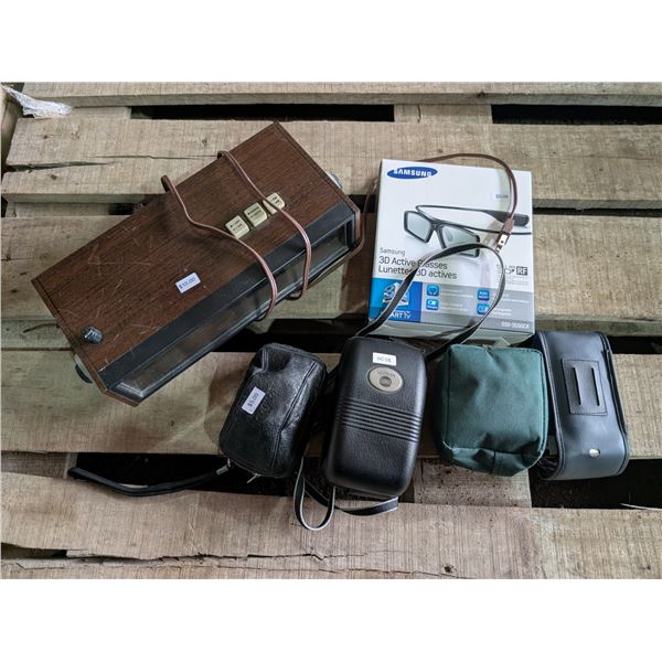 Lot of Cameras W/ bags and Vintage Alarm System and Samsung 3D Glasses (Non tested)