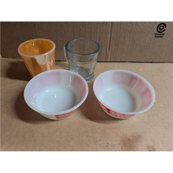 (3) Vintage Pyrex Glass Bowls and Cup and (1) Other Marked Blue Glass