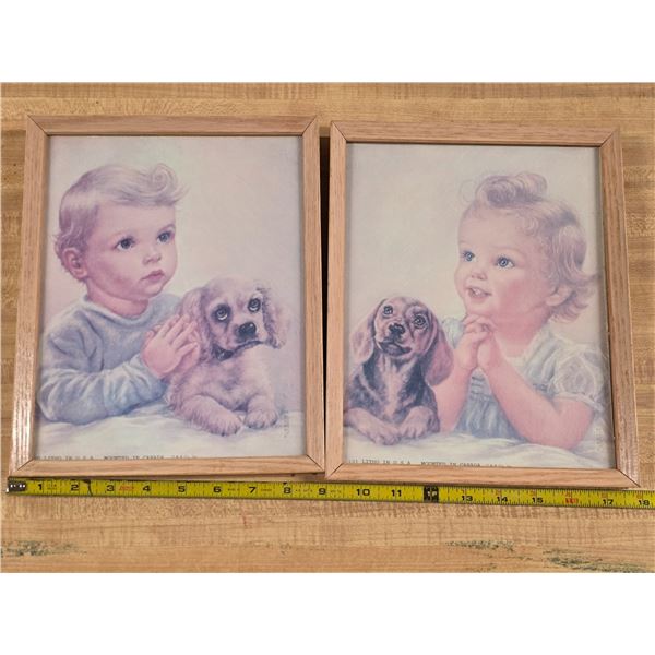 2 child and dog pictures and frames- 9x11"