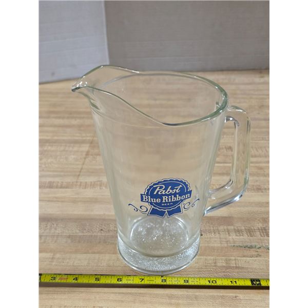 Embossed blue ribbon beer pitcher- 9"H