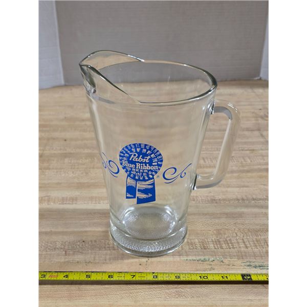 Embossed blue ribbon beer pitcher- 9"H