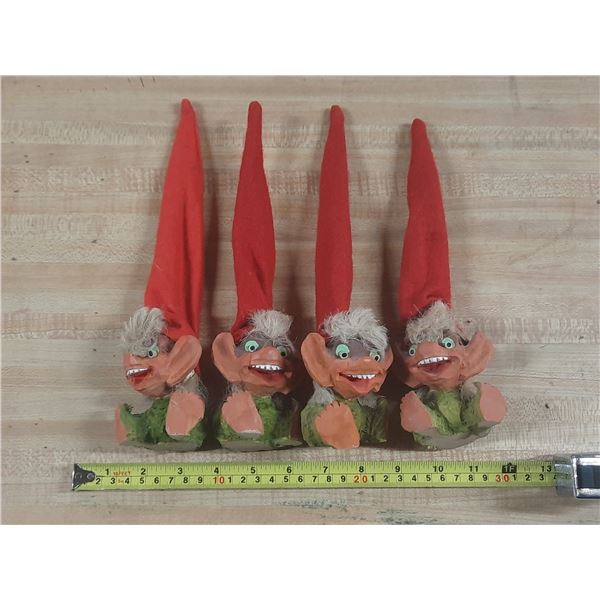 (4) Vintage Norwegian Henning hand-carved wooden troll figures with characteristic tall red felt hat