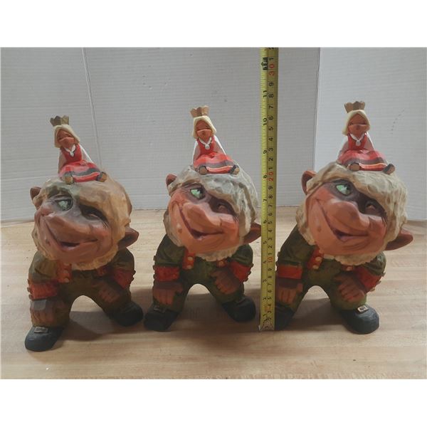 (3) Vintage Henning Engelsen Norwegian hand-carved wooden troll figurine featuring a princess on its
