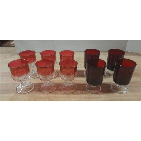 Vintage Tiffin Franciscan King's Crown Ruby Red Flashed thumbprint glasses and Vintage Luminarc Arco