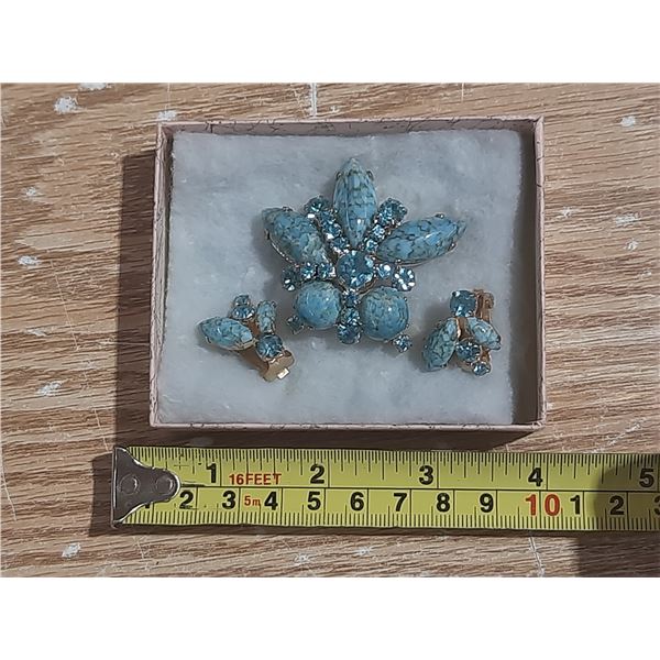 Vintage blue and clear brooch and earring set.