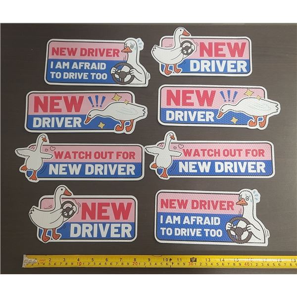 (8) "New Driver" car magnets featuring cartoon goose designs. (New)