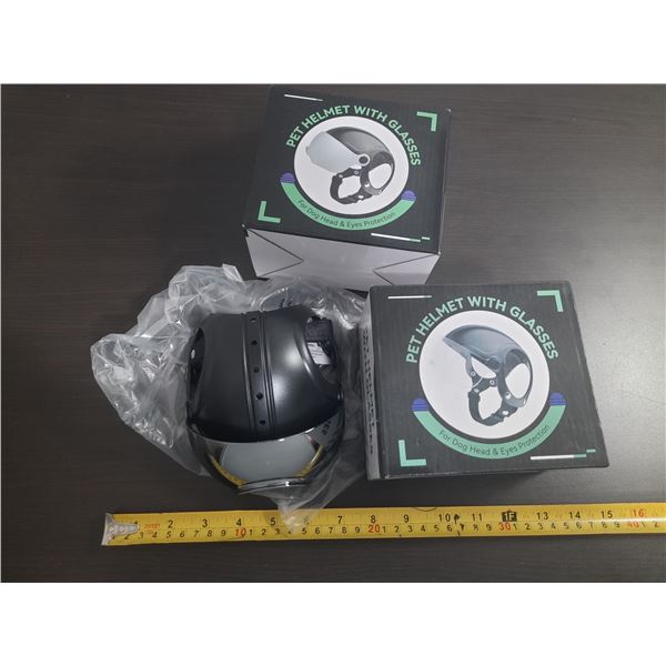 (2) Black pet helmet with goggles for head & eyes. (New) (Size S)