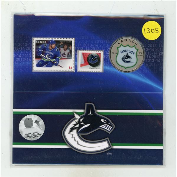 2014 Colourized Vancouver Canucks 25 Cents. Includes 2 Stamps. Unopened.