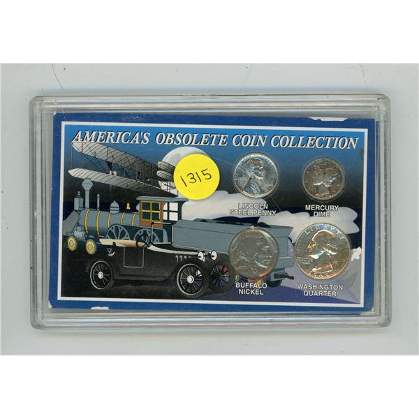 America’s Obsolete Coin Collection. Includes Steel Cent, Buffalo Nickel, Silver Mercury Die