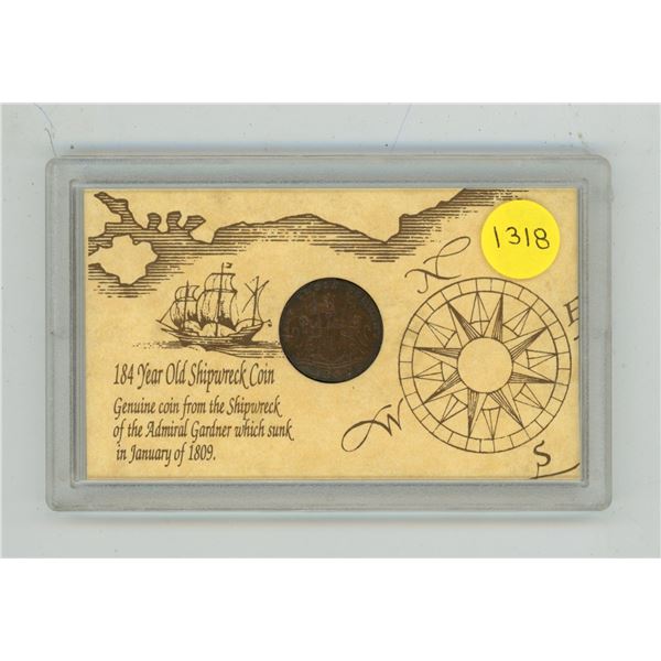 1808 East India Company 10 Cash. This coin was recovered from the wreck of the Admiral Gardner, whic
