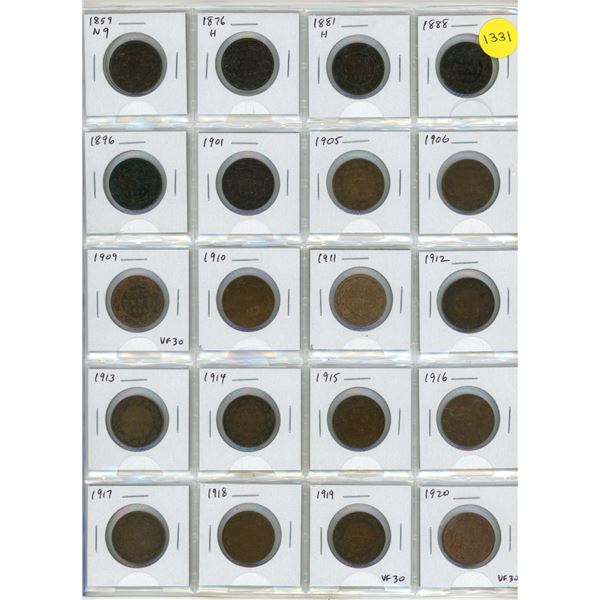 Set of 20 Canadian Large Cents. 1859 – 1920. Coins grade up to VF30.