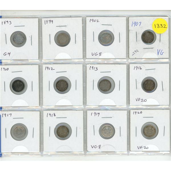Set of 12 Canadian Silver 5 Cents. 1893 – 1920. Coins grade up to VF20.
