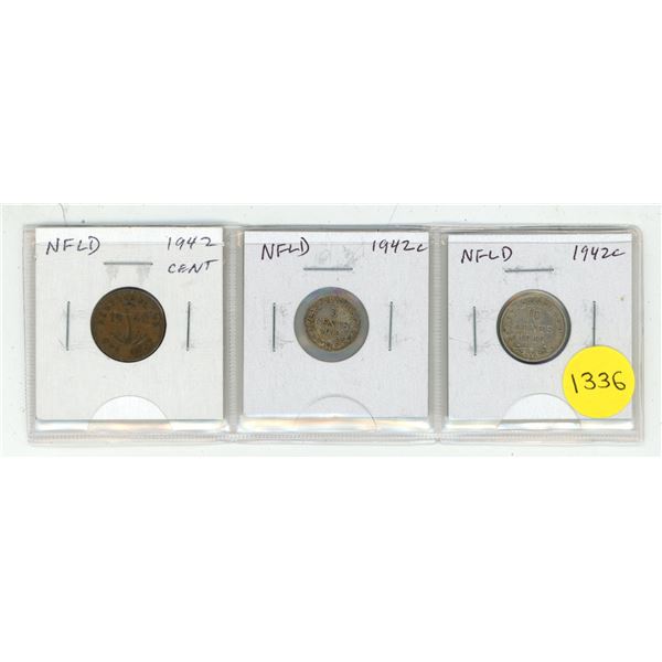 Set of 3 Newfoundland Year Set. Includes 1942 Cent, 1942c Silver 5 Cents and 1942c Silver 10 Cents. 