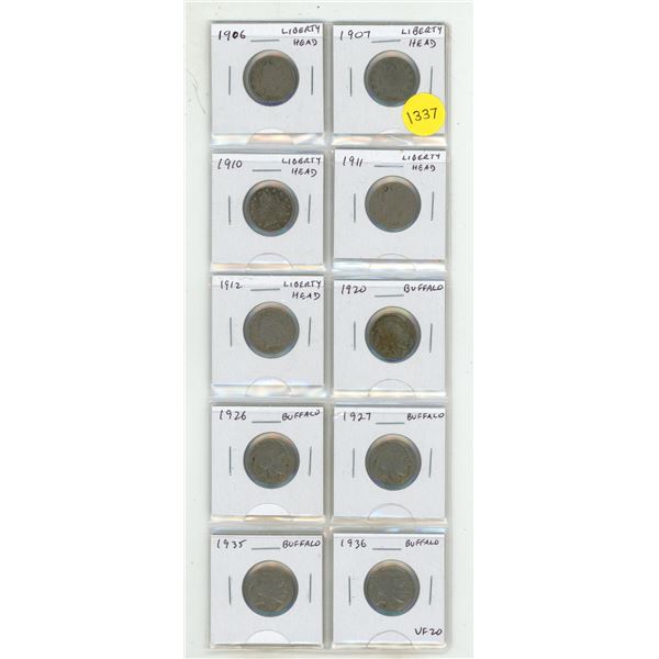 Set of 10 U.S. Liberty Head and Buffalo Nickels. 1906 – 1936.