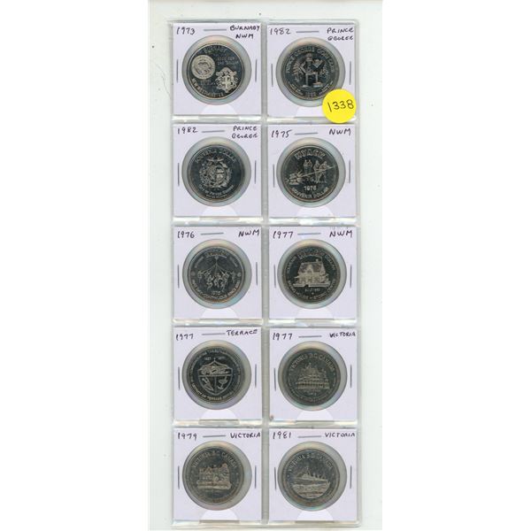 Set of 10 British Columbia Trade Dollars from Burnaby to Victoria.