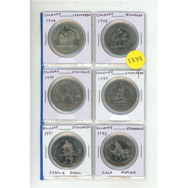 Set of 6 Calgary Stampede Trade Dollars from 1974 to 1982.