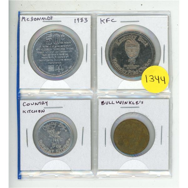 Set of 4 Fast Food Tokens from McDonald’s, KFC, Country Kitchen and Bullwinkle’s.