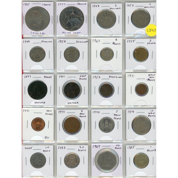 Lot of 20 British Coins. Includes pre-decimal up to Crown and decimal up to 1 Pound.
