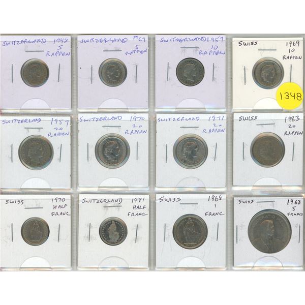 Set of 12 coins from Switzerland up to 5 Francs.