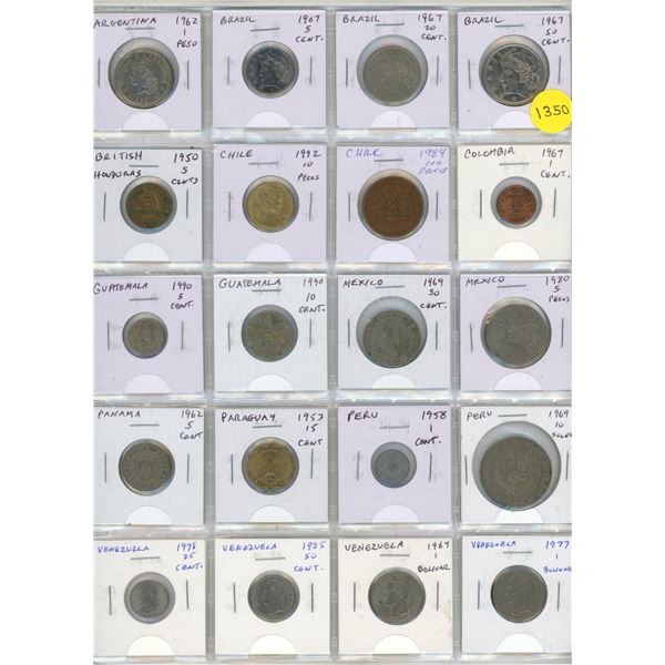 Set of 20 Latin American coins from Argentina to Venezuela.