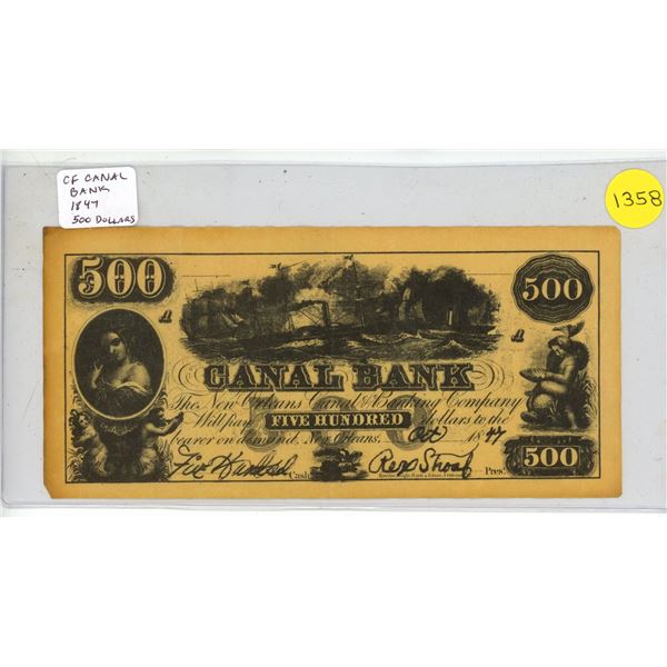 Counterfeit Canal Bank 1847 $500 note. This note is not real.
