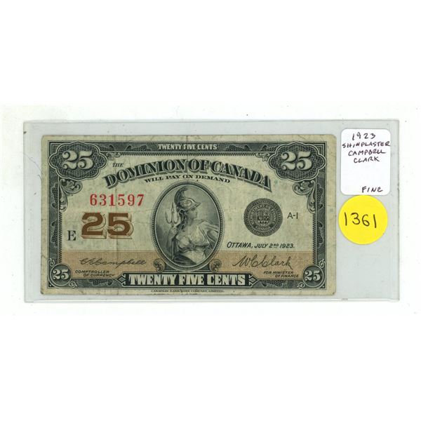 1923 25 Cents Shinplaster. Campbell-Clark signatures. DC-24d. Fine.