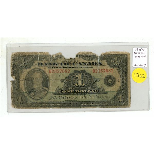 1935 $1 English. Osborne-Towers signatures. Series B. BC-1.  about Good.