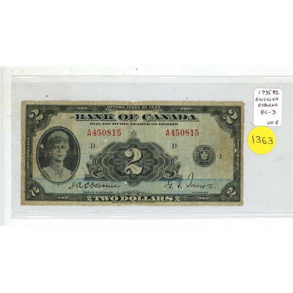 1935 $2 English. Osborne-Towers signatures. Series A. BC-3. VG8.