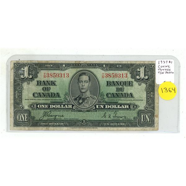 1937 $1. Coyne-Towers signatures. T/N Prefix. BC-21d. Fine.