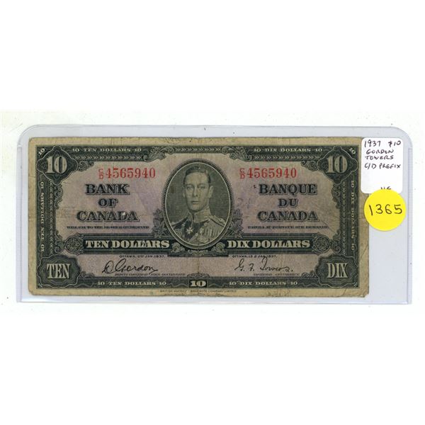 1937 $10. Gordon-Towers signatures. C/D Prefix. BC-24cs. VG8.