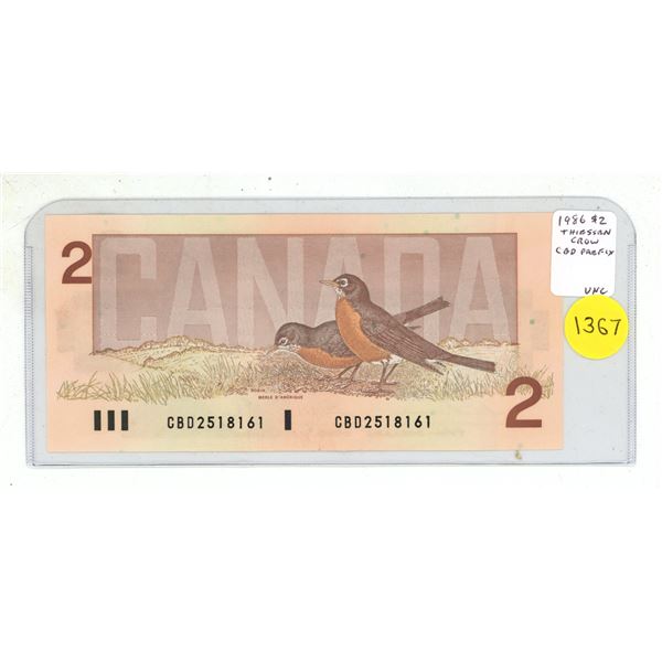1986 $2. Thiessen-Crow signatures. CBD Prefix. BC-55b. Uncirculated.