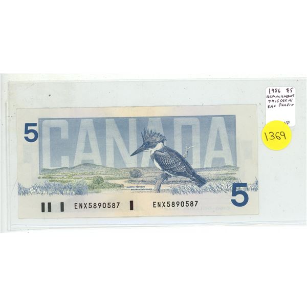 1986 $5 Replacement. ENX Replacement Prefix. Thiessen-Crow signatures. BC-56bA. VF20.