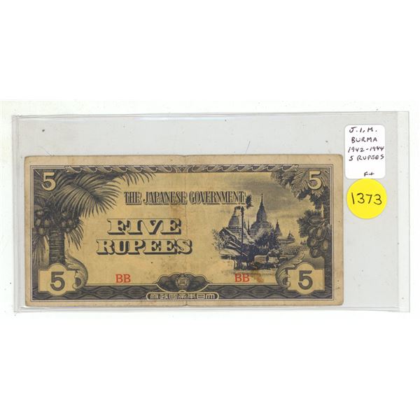 Burma. Japanese Invasion Money. ND (1942- 1944) 5 Rupees. Fine+.