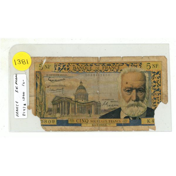 France. 1960 5 Francs. Louis Pasteur. Good with missing piece and tears.