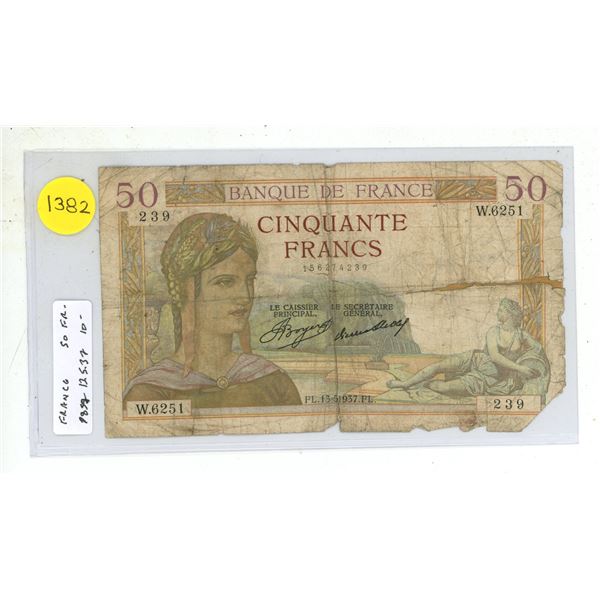 France. 1937 50 Francs. Good with missing pieces and tears.