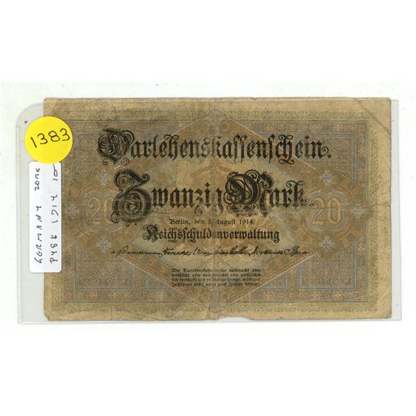Germany – Empire. 1914 20 Mark Darlehenskassenschein. Good.
