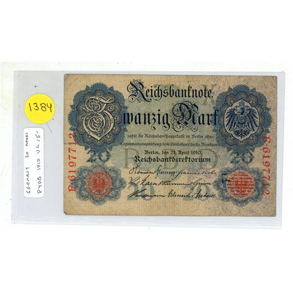 Germany – Empire. 1910 20 Mark Reichsbanknote. VG.