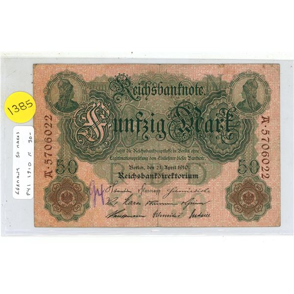 Germany – Empire. 1910 50 Mark Reichsbanknote. Printed on pink paper. Fine.
