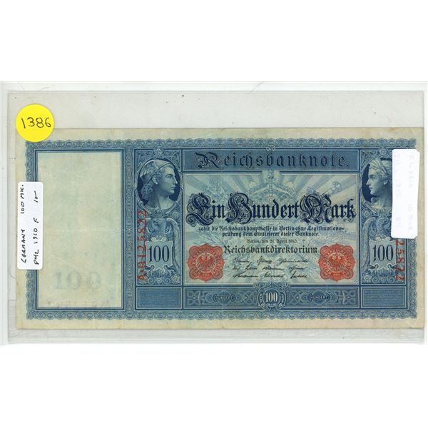 Germany – Empire 1910 100 Mark Reichsbanknote. Fine.