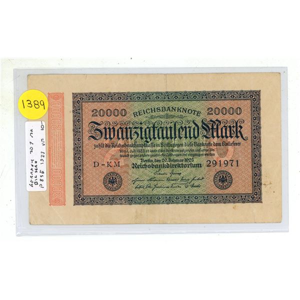 Germany – Weimar Republic. 1923 20,000 Mark Reichsbanknote. VF.
