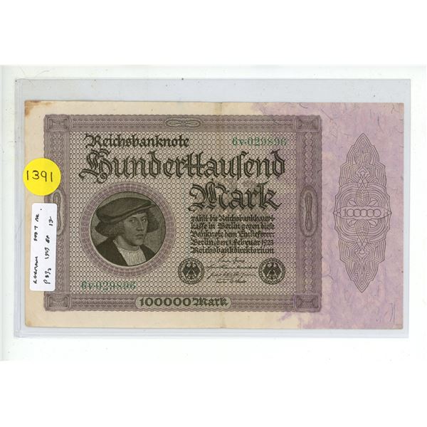 Germany – Weimar Republic. 1923 100,000 Mark Reichsbanknote. VF.