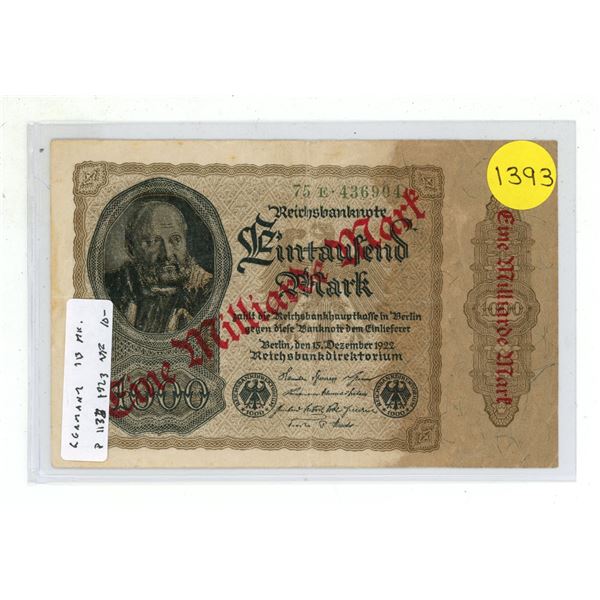 Germany – Weimar Republic. 1923 1 Milliarde Mark (1 Billion) overprinted on 1000 Mark. VF.