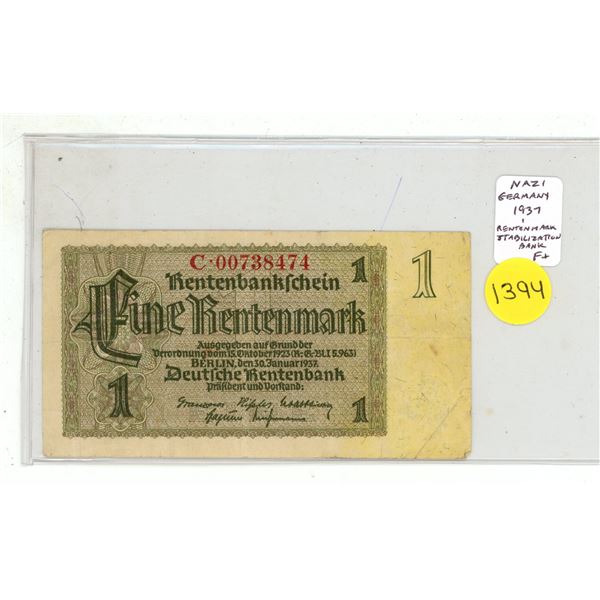 Nazi Germany. 1937 1 Rentenmark Rentenbankschein. Stabilization Bank. Fine+.